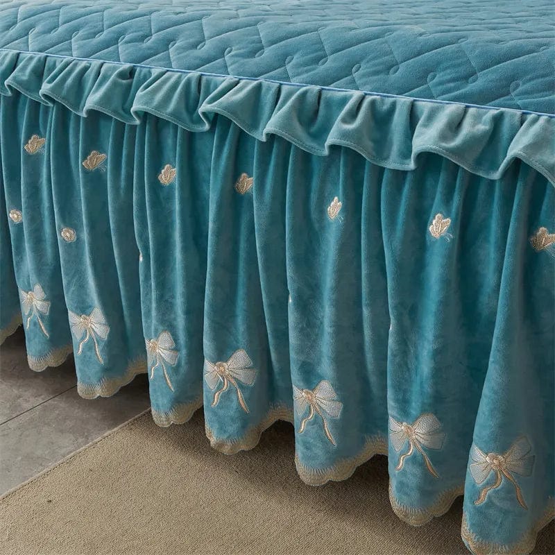 Embroidery Bow Quilted Bedspreads, Fleece, Plain, Super Soft, Velvet, Queen, Double Bed Cover, Ruffle Bed Skirt, 2 Pillowcases - SHOWLU FASHION STORE