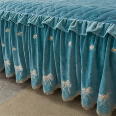 Embroidery Bow Quilted Bedspreads, Fleece, Plain, Super Soft, Velvet, Queen, Double Bed Cover, Ruffle Bed Skirt, 2 Pillowcases - SHOWLU FASHION STORE