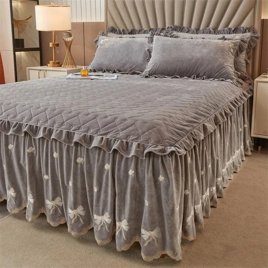 Embroidery Bow Quilted Bedspreads, Fleece, Plain, Super Soft, Velvet, Queen, Double Bed Cover, Ruffle Bed Skirt, 2 Pillowcases - SHOWLU FASHION STORE
