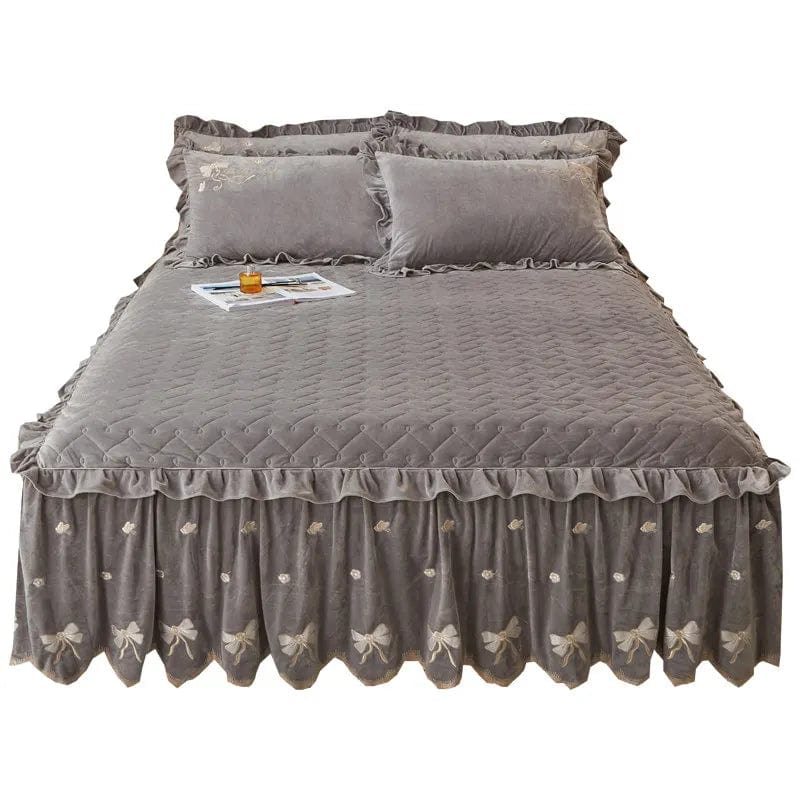Embroidery Bow Quilted Bedspreads, Fleece, Plain, Super Soft, Velvet, Queen, Double Bed Cover, Ruffle Bed Skirt, 2 Pillowcases - SHOWLU FASHION STORE