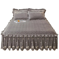 Embroidery Bow Quilted Bedspreads, Fleece, Plain, Super Soft, Velvet, Queen, Double Bed Cover, Ruffle Bed Skirt, 2 Pillowcases - SHOWLU FASHION STORE