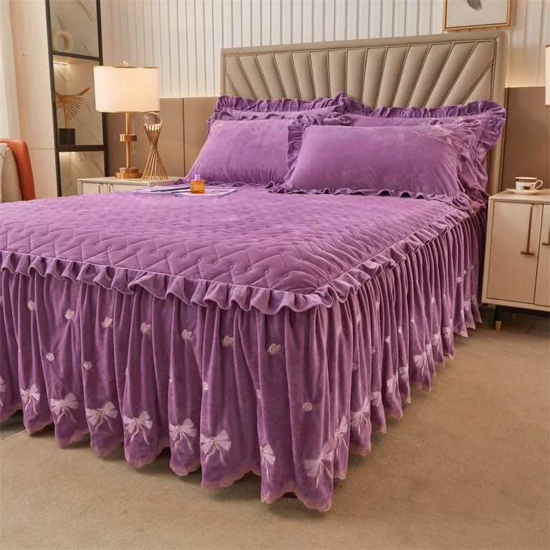 Embroidery Bow Quilted Bedspreads, Fleece, Plain, Super Soft, Velvet, Queen, Double Bed Cover, Ruffle Bed Skirt, 2 Pillowcases - SHOWLU FASHION STORE
