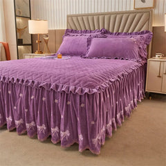 Embroidery Bow Quilted Bedspreads, Fleece, Plain, Super Soft, Velvet, Queen, Double Bed Cover, Ruffle Bed Skirt, 2 Pillowcases - SHOWLU FASHION STORE