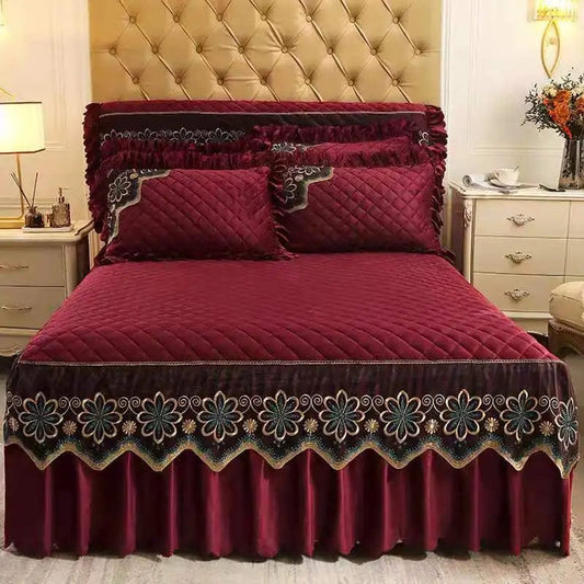 European Luxury Quilted Bed Skirt Winter Warm Thicken Velvet Bedspread King Good Hand Feeling Bed Skirt Not Included Pillowcase - SHOWLU FASHION STORE