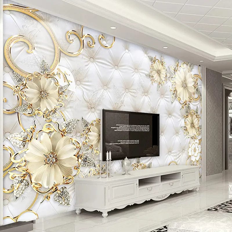 European Style 3D Jewelry Flower Soft Bag Mural Luxury Living Room Sofa TV Background Imitation Leather Pattern Wallpaper Poster - SHOWLU FASHION STORE