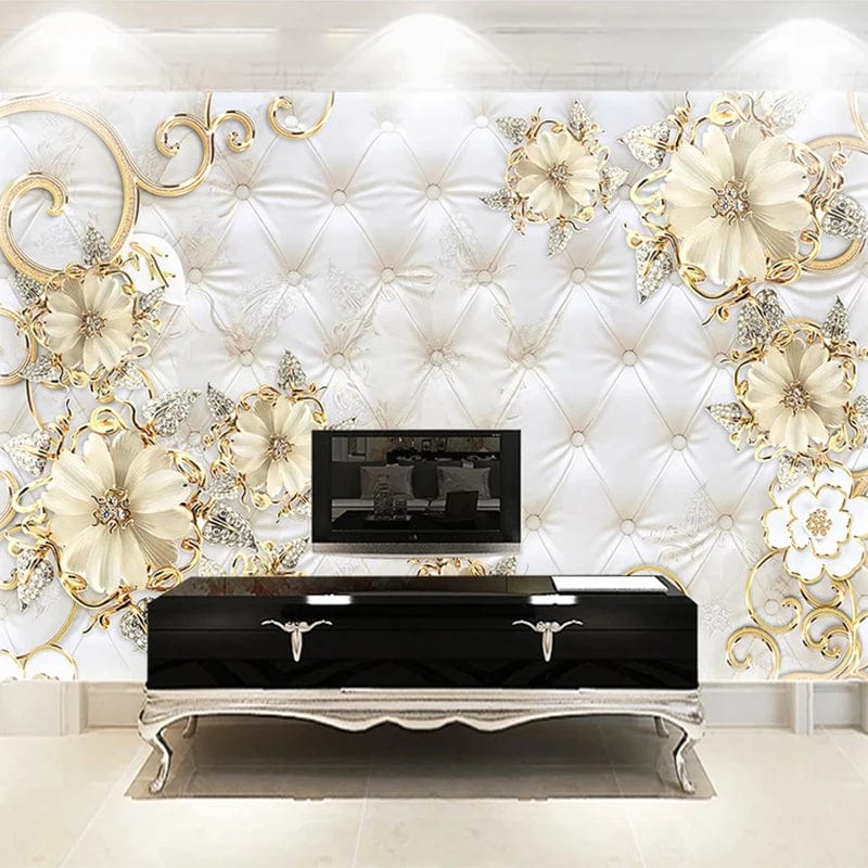 European Style 3D Jewelry Flower Soft Bag Mural Luxury Living Room Sofa TV Background Imitation Leather Pattern Wallpaper Poster - SHOWLU FASHION STORE