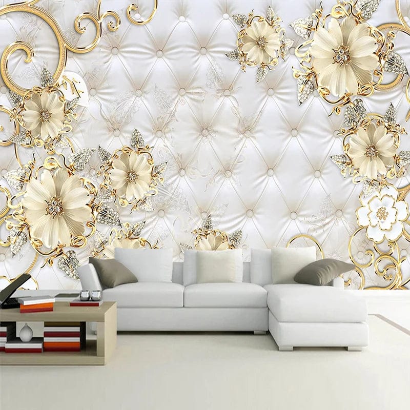 European Style 3D Jewelry Flower Soft Bag Mural Luxury Living Room Sofa TV Background Imitation Leather Pattern Wallpaper Poster - SHOWLU FASHION STORE
