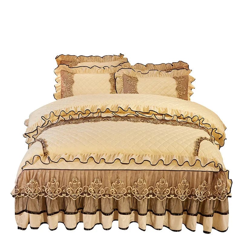 European Velvet Bedding Set, Luxury Comforter Cover, Quilted Lace Bedskirt, Soft Warm Queen with 2 Pillowcases, King Size, 4Pcs - SHOWLU FASHION STORE