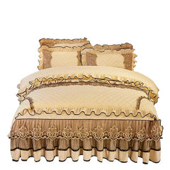 European Velvet Bedding Set, Luxury Comforter Cover, Quilted Lace Bedskirt, Soft Warm Queen with 2 Pillowcases, King Size, 4Pcs - SHOWLU FASHION STORE