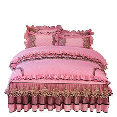 European Velvet Bedding Set, Luxury Comforter Cover, Quilted Lace Bedskirt, Soft Warm Queen with 2 Pillowcases, King Size, 4Pcs - SHOWLU FASHION STORE