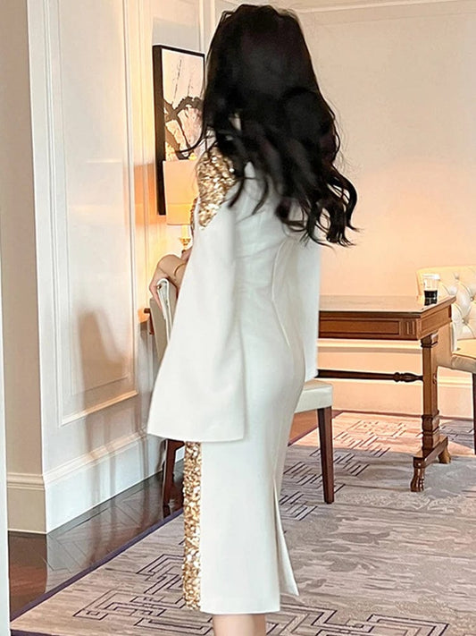Exquisite Host Banquet Evening Dress Women 2023 Luxury Style Gold Sequins White Slim Robe Femme Party Prom Vestidos Catwalk Gown - SHOWLU FASHION STORE