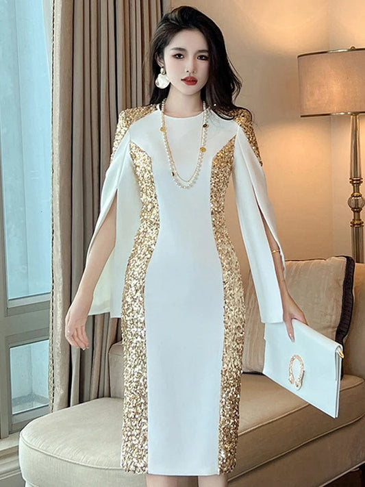 Exquisite Host Banquet Evening Dress Women 2023 Luxury Style Gold Sequins White Slim Robe Femme Party Prom Vestidos Catwalk Gown - SHOWLU FASHION STORE
