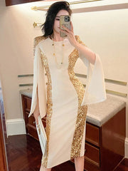 Exquisite Host Banquet Evening Dress Women 2023 Luxury Style Gold Sequins White Slim Robe Femme Party Prom Vestidos Catwalk Gown - SHOWLU FASHION STORE