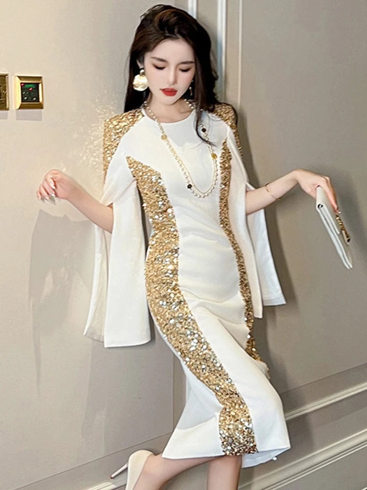 Exquisite Host Banquet Evening Dress Women 2023 Luxury Style Gold Sequins White Slim Robe Femme Party Prom Vestidos Catwalk Gown - SHOWLU FASHION STORE