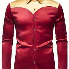 Men'S Silky Smooth Color Block Long Sleeve Button-Up Shirt - Black with Golden Accents, Casual Lapel Style, Polyester Blend, Perfect for All Seasons SHOWLU FASHION STORE