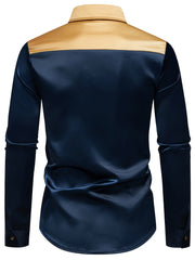 Men'S Silky Smooth Color Block Long Sleeve Button-Up Shirt - Black with Golden Accents, Casual Lapel Style, Polyester Blend, Perfect for All Seasons SHOWLU FASHION STORE