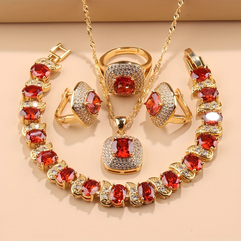 Elegant French-Style 5-Piece Jewelry Set - 18K Golden Plated Copper with Synthetic Stones, Square zirconia Mosaic - Includes Earrings, Rings, Pendant Necklace, Bracelet - Versatile for Daily Wear & Parties, Ideal Thanksgiving SHOWLU FASHION STORE