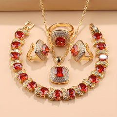 Elegant French-Style 5-Piece Jewelry Set - 18K Golden Plated Copper with Synthetic Stones, Square zirconia Mosaic - Includes Earrings, Rings, Pendant Necklace, Bracelet - Versatile for Daily Wear & Parties, Ideal Thanksgiving SHOWLU FASHION STORE