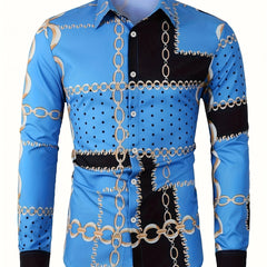 Men's Color Block Chains Graphic Print Shirt, Casual Lapel Button Up Long Sleeve Shirt For Spring Fall Outdoor Activities Party Gift SHOWLU FASHION STORE