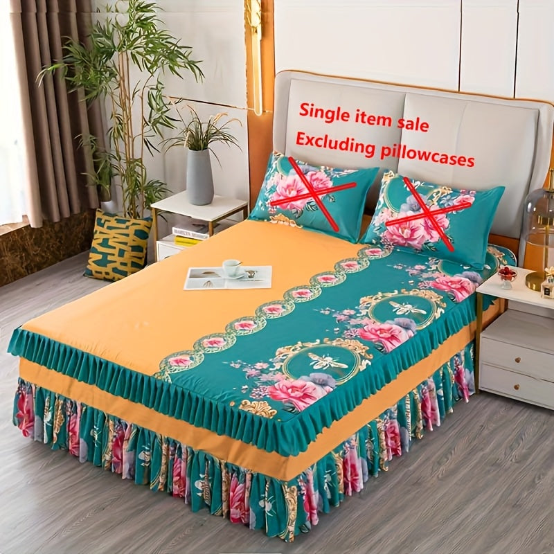 1pc Elegant Chinese Peony Bed Skirt - Traditional Style with Ruffled Edge, Golden Floral Design, Machine Washable Polyester, Perfect for Adding a Touch of Sophistication to Your Bedroom Decor, Bedroom Decor And Accessories SHOWLU FASHION STORE