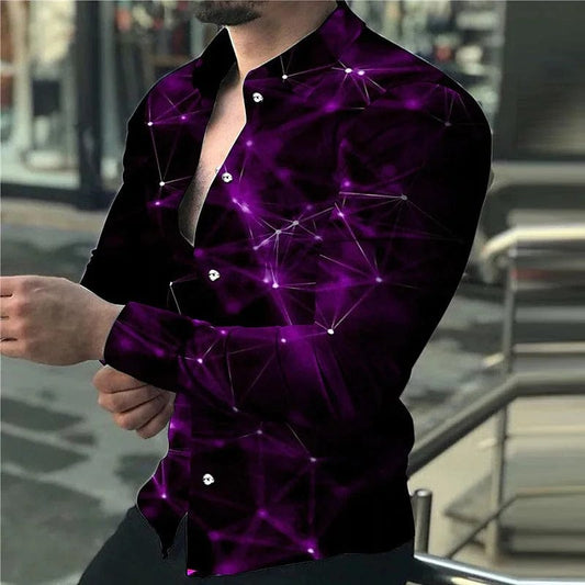 Fashion Men's Designer Starry Sky Purple Blue Gold Luxury Social Men's Shirt Lapel Large Size Casual Dot Print Long Sleeve Top - SHOWLU FASHION STORE