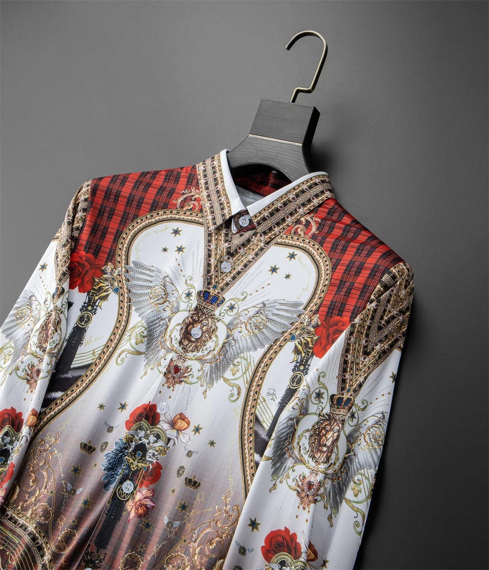 Fashion Men's Luxury Retro Print Shirt Crown Diamond Casual Social Shirt Long Sleeve Slim Fit Business Party Dress Shirt XS - 6XL - SHOWLU FASHION STORE