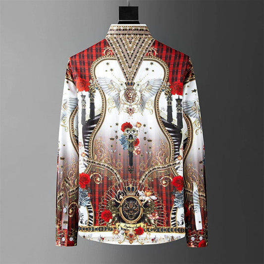 Fashion Men's Luxury Retro Print Shirt Crown Diamond Casual Social Shirt Long Sleeve Slim Fit Business Party Dress Shirt XS - 6XL - SHOWLU FASHION STORE