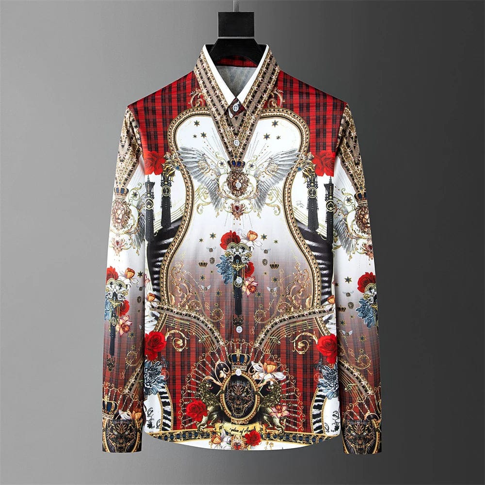Fashion Men's Luxury Retro Print Shirt Crown Diamond Casual Social Shirt Long Sleeve Slim Fit Business Party Dress Shirt XS - 6XL - SHOWLU FASHION STORE