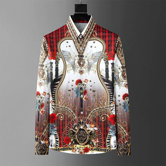 Fashion Men's Luxury Retro Print Shirt Crown Diamond Casual Social Shirt Long Sleeve Slim Fit Business Party Dress Shirt XS - 6XL - SHOWLU FASHION STORE