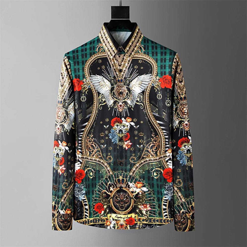 Fashion Men's Luxury Retro Print Shirt Crown Diamond Casual Social Shirt Long Sleeve Slim Fit Business Party Dress Shirt XS - 6XL - SHOWLU FASHION STORE