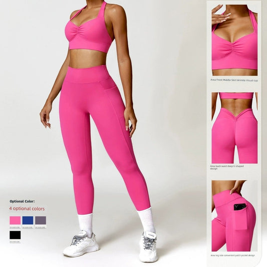 Fashion Push up Tight Halterneck Back Yoga Suit Brushed Quick - Drying Workout Clothes Running Sports Suit Female Two Pieces - SHOWLU FASHION STORE