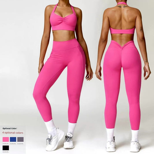 Fashion Push up Tight Halterneck Back Yoga Suit Brushed Quick - Drying Workout Clothes Running Sports Suit Female Two Pieces - SHOWLU FASHION STORE