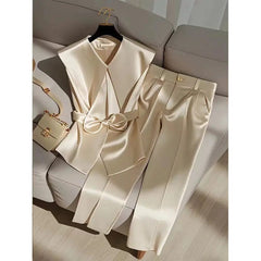 Fashion Satin Celebrity Outfits Elegant OL Peter Pan Collar Bow Sleeveless Vest + High Waist Wide Leg Pants Two Piece Set 376P - SHOWLU FASHION STORE