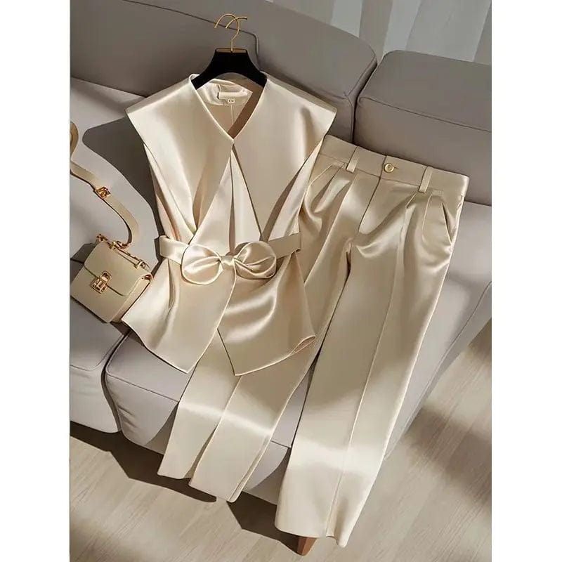 Fashion Satin Celebrity Outfits Elegant OL Peter Pan Collar Bow Sleeveless Vest + High Waist Wide Leg Pants Two Piece Set 376P - SHOWLU FASHION STORE