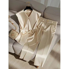 Fashion Satin Celebrity Outfits Elegant OL Peter Pan Collar Bow Sleeveless Vest + High Waist Wide Leg Pants Two Piece Set 376P - SHOWLU FASHION STORE