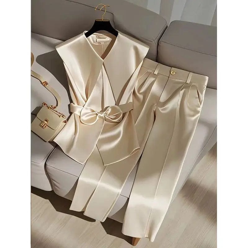 Fashion Satin Celebrity Outfits Elegant OL Peter Pan Collar Bow Sleeveless Vest + High Waist Wide Leg Pants Two Piece Set 376P - SHOWLU FASHION STORE