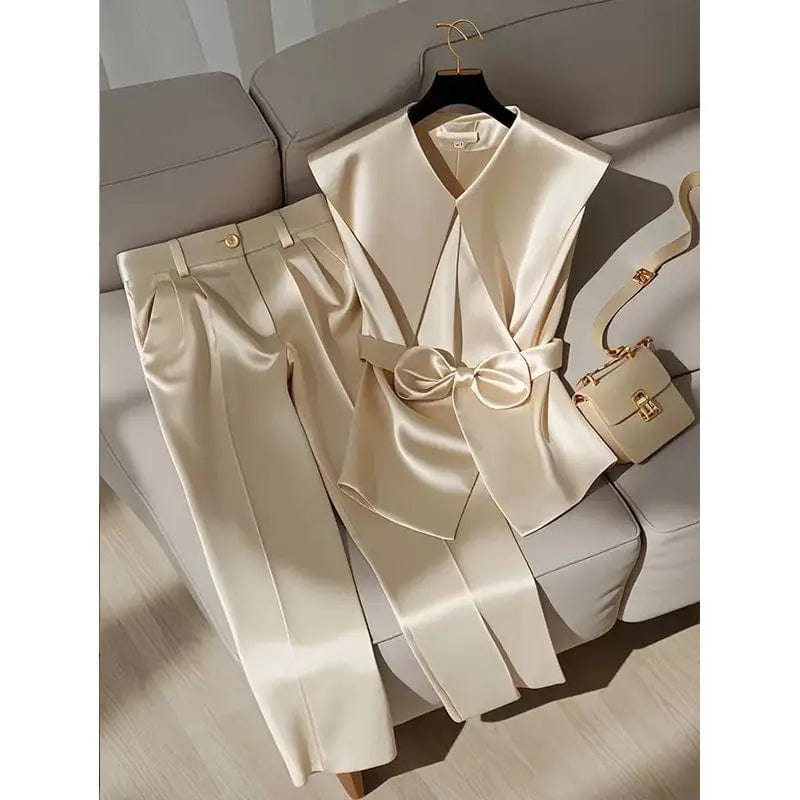 Fashion Satin Celebrity Outfits Elegant OL Peter Pan Collar Bow Sleeveless Vest + High Waist Wide Leg Pants Two Piece Set 376P - SHOWLU FASHION STORE