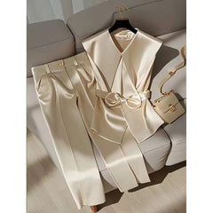 Fashion Satin Celebrity Outfits Elegant OL Peter Pan Collar Bow Sleeveless Vest + High Waist Wide Leg Pants Two Piece Set 376P - SHOWLU FASHION STORE