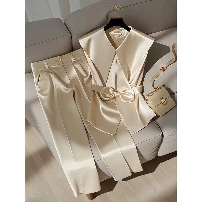 Fashion Satin Celebrity Outfits Elegant OL Peter Pan Collar Bow Sleeveless Vest + High Waist Wide Leg Pants Two Piece Set 376P - SHOWLU FASHION STORE