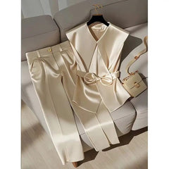 Fashion Satin Celebrity Outfits Elegant OL Peter Pan Collar Bow Sleeveless Vest + High Waist Wide Leg Pants Two Piece Set 376P - SHOWLU FASHION STORE