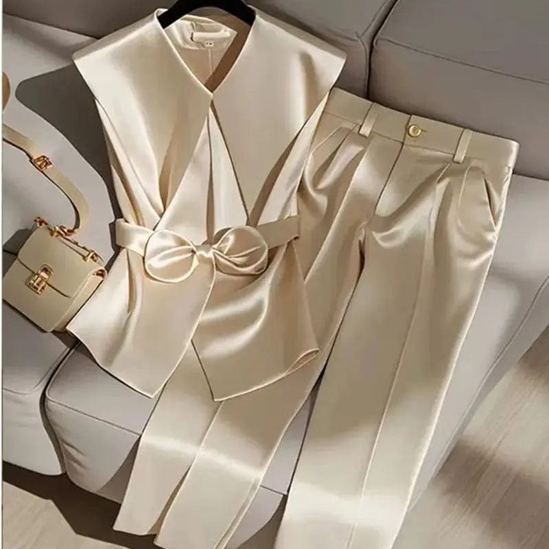 Fashion Satin Celebrity Outfits Elegant OL Peter Pan Collar Bow Sleeveless Vest + High Waist Wide Leg Pants Two Piece Set 376P - SHOWLU FASHION STORE