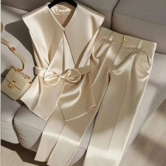 Fashion Satin Celebrity Outfits Elegant OL Peter Pan Collar Bow Sleeveless Vest + High Waist Wide Leg Pants Two Piece Set 376P - SHOWLU FASHION STORE