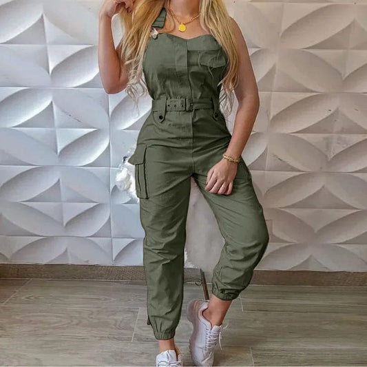 Fashion Strap Jumpsuit Women Loose Dungarees Long Rompers Summer Solid Pockets Cargo Pants Female Casual Work Out Playsuits - SHOWLU FASHION STORE