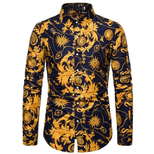 Fashionable Men's Shirt Lapel Buttons Gold Pattern 3D Printed Casual Long Sleeve Shirt Fashionable Men's Shirt - SHOWLU FASHION STORE