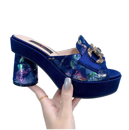 Fashionable Top Italian Designers 2023 Luxury Elegant Bright Rhinestone Round Toe Prints Summer Party Women's High Heels Shoes - SHOWLU FASHION STORE