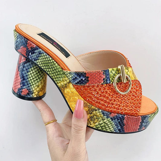 Fashionable Top Italian Designers 2023 Luxury Round Toe Bright Diamond Snake Print Summer Women's Shoes With High Heels - SHOWLU FASHION STORE