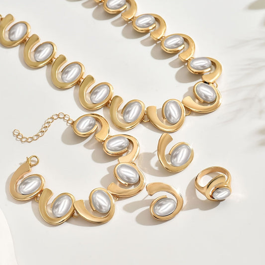 4pcs Women'S Spiral Faceted Mosaic Acrylic Ellipse Choker Necklace Bracelet Ring Earrings Set - Luxurious and Elegant Jewelry Set for Daily and Music Festival Occasions - Style: Vacation, Simple - Main Material: Zinc Alloy - SHOWLU FASHION STORE