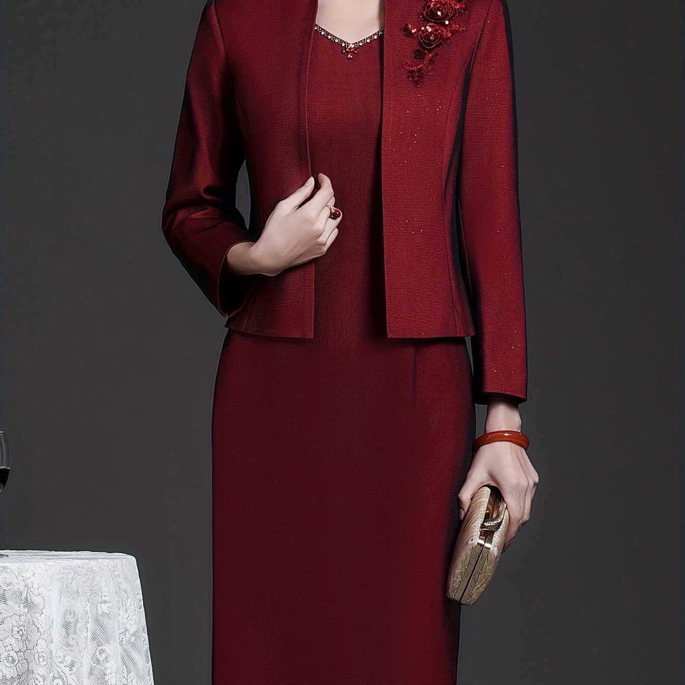 Wine Red Two-piece Dress Set Elegant Slim, Long Sleeve Coat Embroidered Top And Sleeveless Sundress Women SHOWLU FASHION STORE