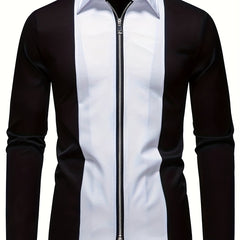 Men'S Casual Lapel Collar Long Sleeve Shirt Polyester Color Block Pattern with Button Details, Slight Stretch Fabric, 140g/m², Regular Fit, All-season, for Adult SHOWLU FASHION STORE