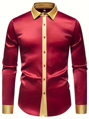 Men'S Casual Lapel Collar Color Block Long Sleeve Shirt Polyester Slight Stretch Button Shirt for Adult SHOWLU FASHION STORE